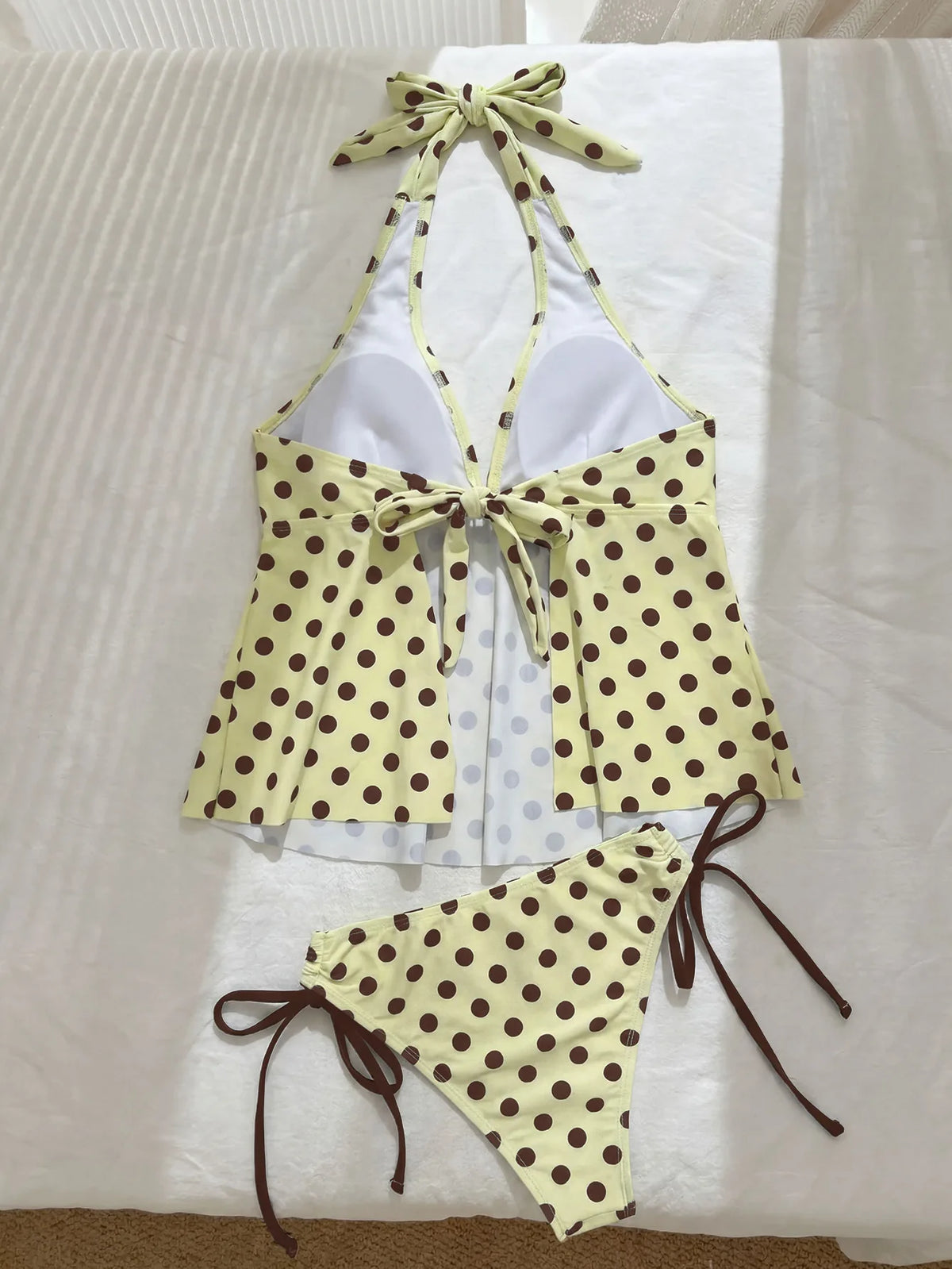 Sexy Yellow Polka Dot Print Bikini Set Swimwear Women Front Tie Push Up Padded Tank Top Drawstring Side High Waist Swimsuit 2026