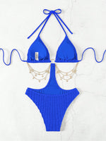 Woman Bikini Triangle Top Ribbed Fabric Black Bikinis Side Cutout Chain Detail Swimsuit High Cut Bottom Belly Chain Beachwear