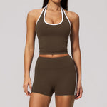 Naked Color Contrast Yoga Sets Women Hanging Neck Sports Vest Gym Clothes Breathable High Waist Shorts Fitness Suits Tracksuit