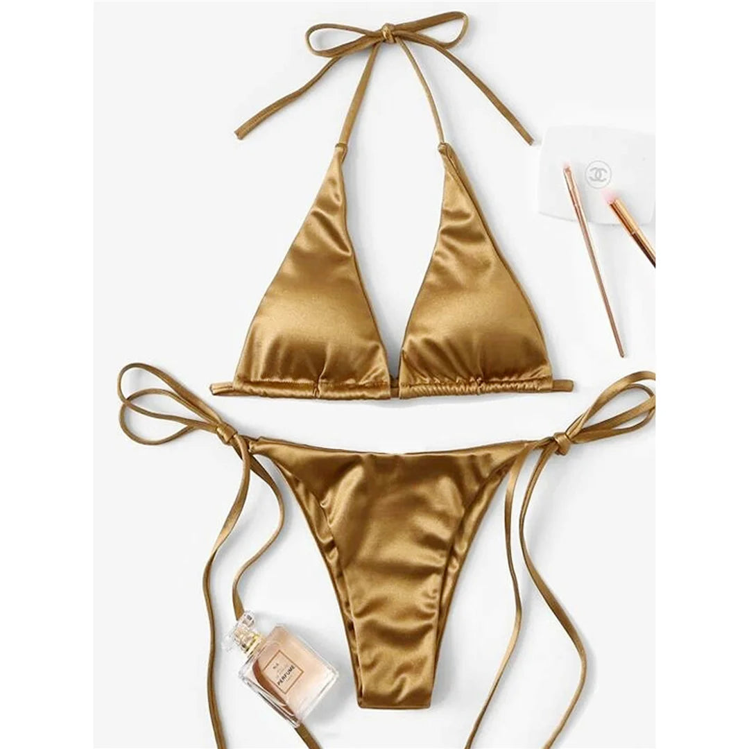 Sexy Satin Halter Brazilian Padded Bikini Female Swimsuit Women Swimwear Two-Pieces Bikini Set Bather Bathing Suit Swim V4966S