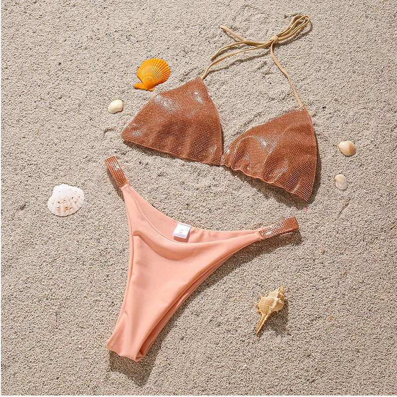 Halter Jewelled Sequins Diamond Bikini Women Swimsuit Female Swimwear Two Pieces Bikini Set Mini Micro Bathing Suit Swim Lady