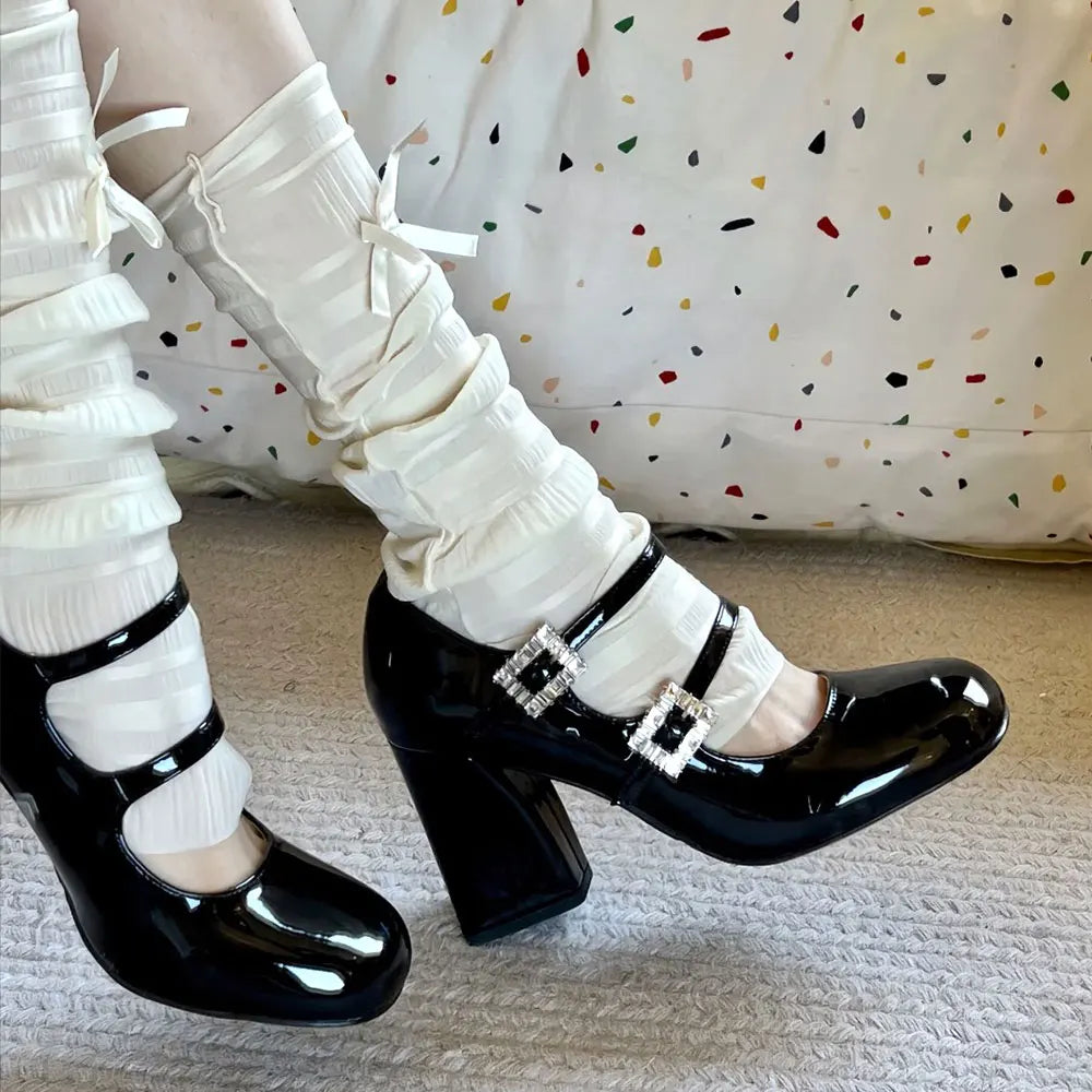 2026 Brand Design Women's Mary Janes Heels Shoes Summer Vintage Black Shoes Sweet Elegant Crystals Rhinestones Lady Pumps