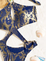 Shiny Blue Snakeskin Print One Piece Swimsuit Women 2026 Sexy Hollow Out Backless Metal Cross Bathing Suit Swimwear Monokini