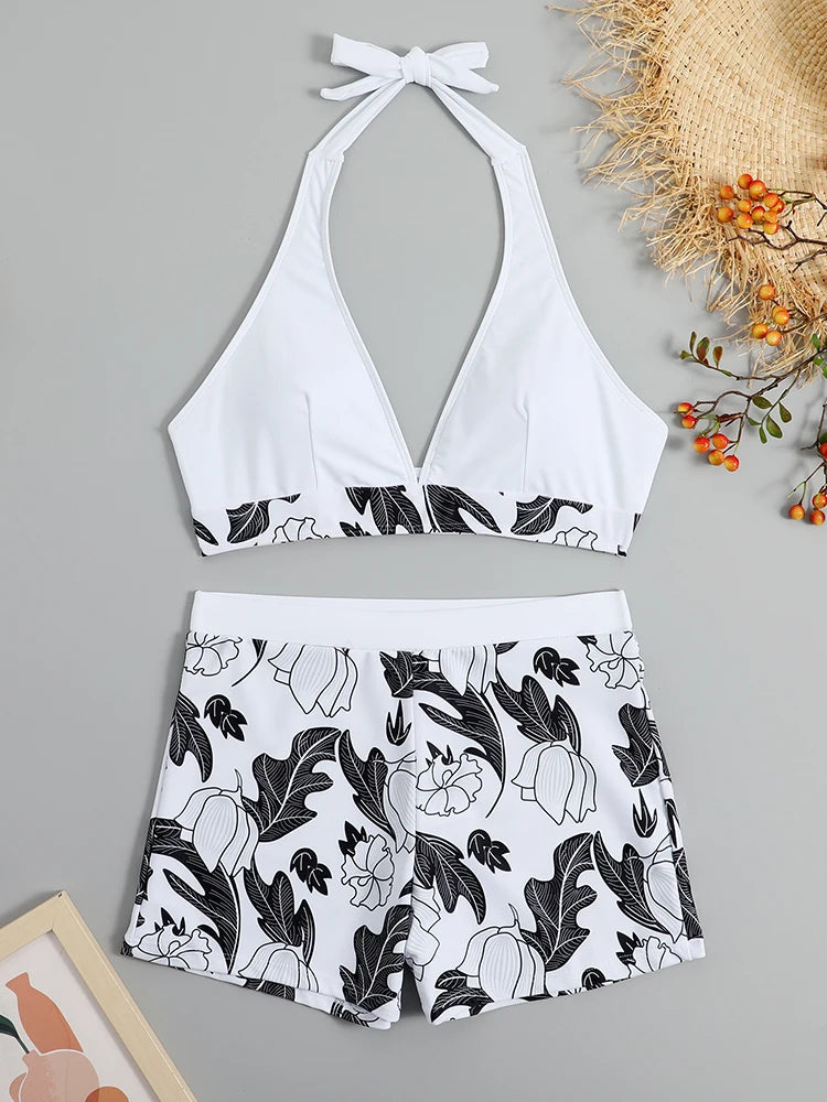 2026 Halter Bikini Set Short Swimsuit Women High Waist Swimwear Female Printed Bathers Swimming Bathing Swim Suit Beachwear