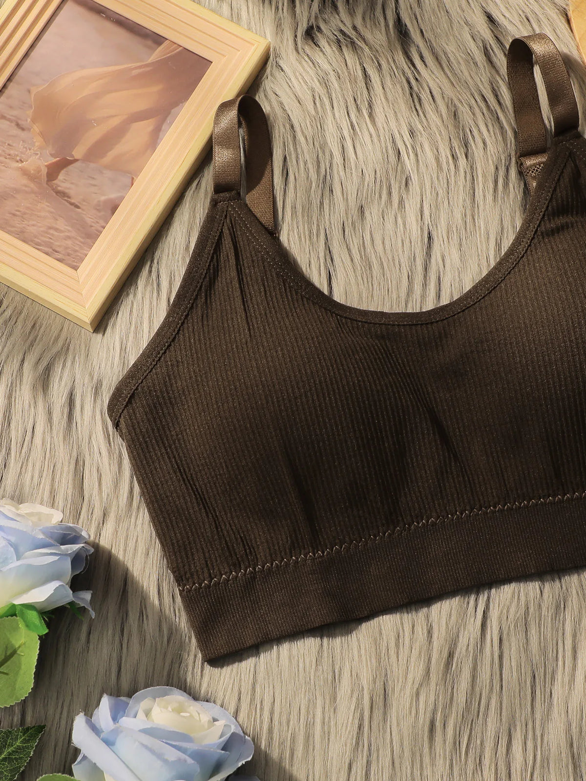 Women Ribbed U-Neck Cami Bra Adjustable Strap Padded Sports Bra Seamless Wireless Yoga Tank Top Comfort Daily Layering Lingerie