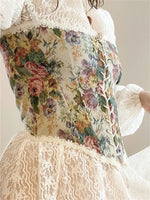 Women Retro Jacquard Corset Lace Floral Trim Bandage Bustier Crop Tops Boat Neck Irregular Camisole Tank Tops Female