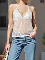 Women Sequins Tank Tops V-Neck Tie-Up Halter Neck Casual Vest Summer Sleeveless Crop Tops Streetwear