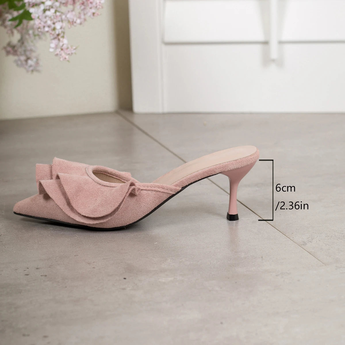 Women Pointed Toe Suede Ruffle Pleated Flare Cup Heel Slide Mules Slip‑On Party Dress Heeled Sandals Multi‑Color