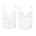 Summer Women's Tassel Corset Tops Retro Cowboy Stylish Sleeveless V Neck Vest Spaghetti Strap Tank Top for Party Street