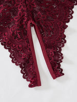 Date-specific Deep V cut WineRed lace one-piece dress. Lightweight sheer cross-strapped women's sexy lingerie set.
