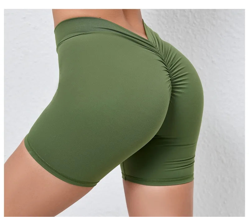 Sexy High-Waisted Yoga Shorts - Deep V Back Ruffled Booty Lift Women Tummy Control Workout Gym Peach Butt Fitness Shorts