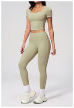 2PC Color Contrast Yoga Suit Women Short Sleeve Square Collar Slim Sports Top Fitness Suits Outdoor Exercise Leggings Tracksuit