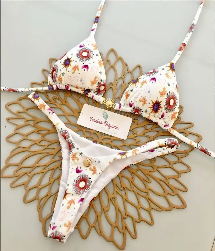 2026 Swimwear Women CuteCherry Print Brazilian Thong Bikini Set Sexy Thong Swimsuit Two Pieces Bathing Suit Women Beach Wear