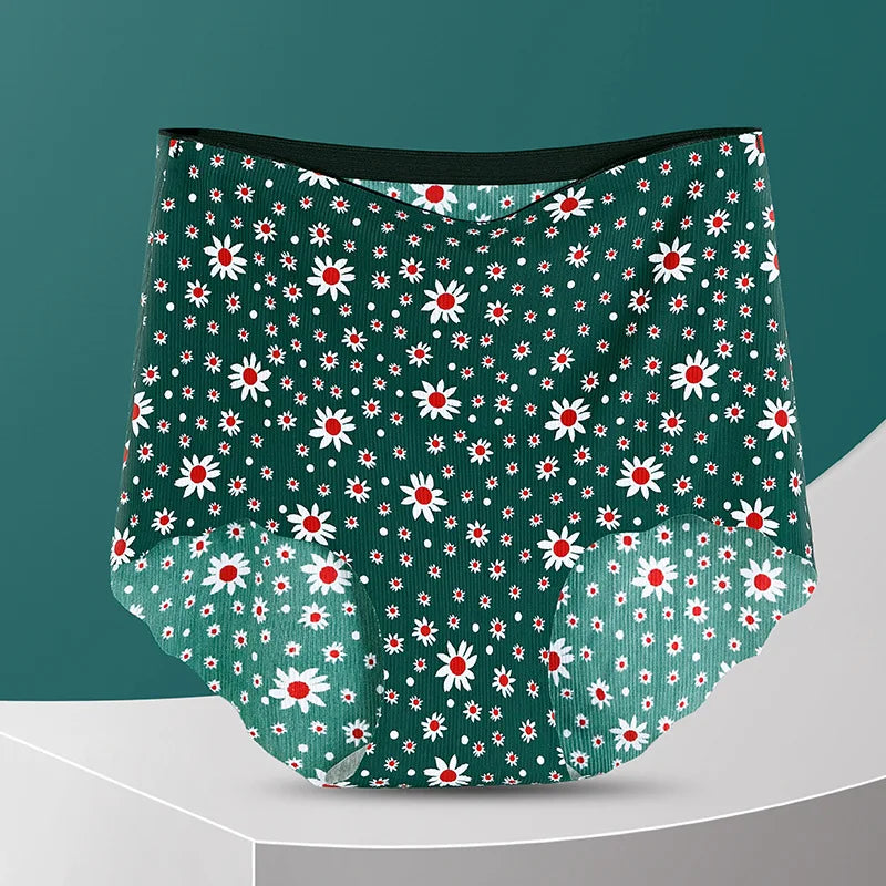 Women High Waist Panties Ice Silk Seamless Tummy Control Briefs Sexy Printing Flowers Soft Comfort Underwear Butt Lifter Panty