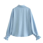 Foridol Ruffles Folds Light Blue Office Lady Satin Shirt Blouse Long Sleeve Spring Fashion Solid Button Up Blusa Autumn 2025
