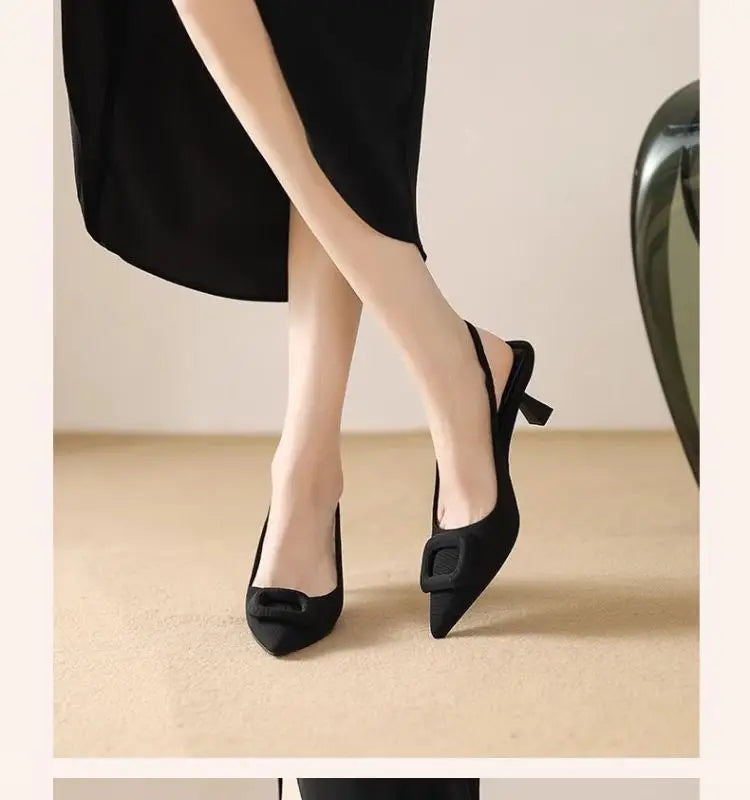 Brand Woman Slingback Shoes FashionSpring New Ladies High Heels Elegant Med Heel Pointed Toe Slip on Sandal Mules