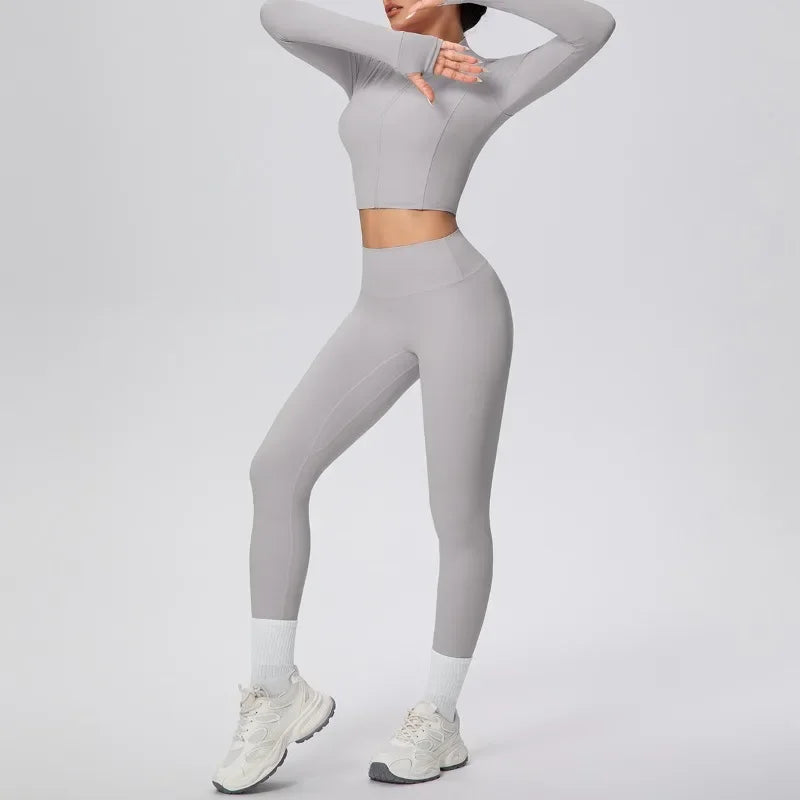 New Women Yoga Set Solid Color Double-Sided Brushed Bare Feel Short Long-Sleeve Jacket Tight Pants Running Fitness 2-Piece Set