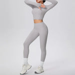 New Women Yoga Set Solid Color Double-Sided Brushed Bare Feel Short Long-Sleeve Jacket Tight Pants Running Fitness 2-Piece Set