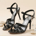 2026 Summer New Women's Metallic High Heel Sandals Ankle Strap Crystal Buckle Stiletto Heels Sexy Party Wedding Prom Dress Shoes