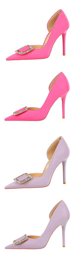 BIGTREE Pumps Elegant Pointed Crystal Buckle Slim High Heel Single Shoes Women Silk Spring/Summer High Heel Pumps Wedding Dress