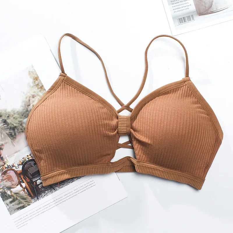 Front Hollow Out Ribbed Bralette Criss Cross Back Thin Straps Removable Chest Pads Wireless Bra Breathable Daily Underwear