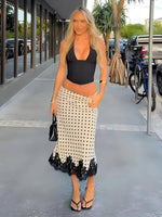 FDYOUI Elegant Polka Dot White Skirts for Women Chic Low Waist Lace Patchwork Mid-calf Skirt Office Lady Slim Dress Streetwear