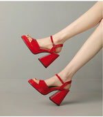 NASBAVI Women Patent Leather Sandals Super Chunky High Heeled Ankle Buckle Shoes Platform Summer Thick Heel Sandal Ladies 35-43