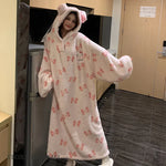 Thicken Flannel Cartoon Female Long Robe Hooded Nightgown Autumn Winter Sleepwear Home Clothes Loose Coral Fleece Warm Nightwear