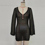 V Neck Long Sleeve Hollow Out Crochet Knitted Tunic Beach Cover Up Cover-ups Beach Dress Beach Wear Beachwear Female Women V7643