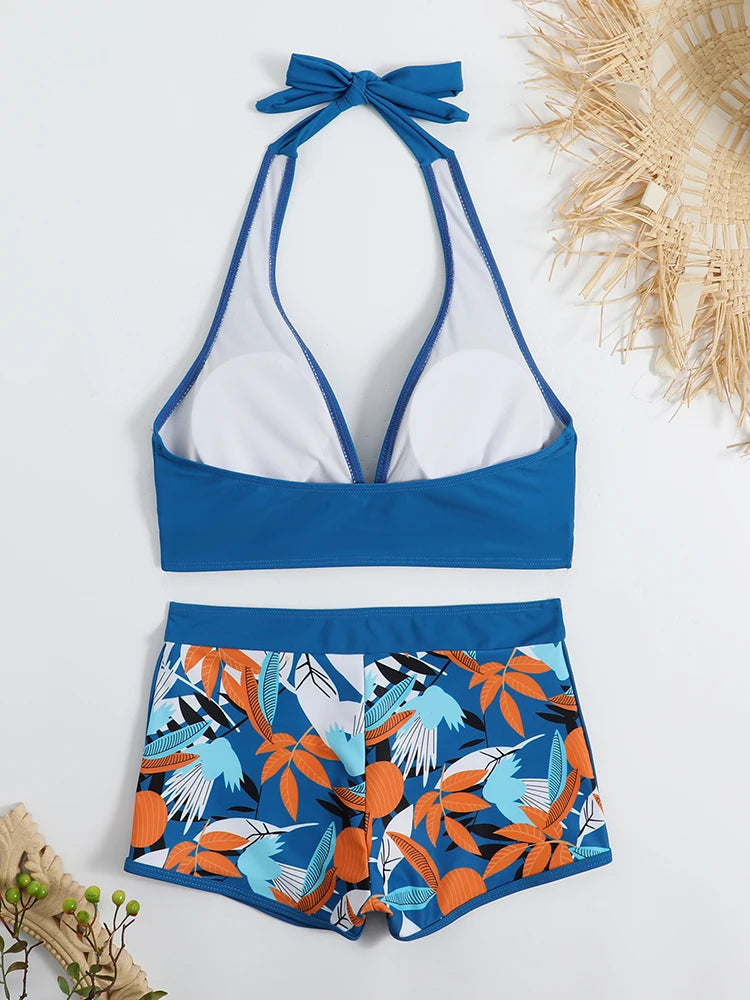 2026 Halter Bikini Set Short Swimsuit Women High Waist Swimwear Female Printed Bathers Swimming Bathing Swim Suit Beachwear