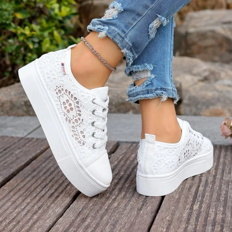 Fashion Women Shoes 2026 Fashion Summer Casual White Shoes Cutouts Lace Hollow Breathable Platform Flat Shoes Woman Sneakers