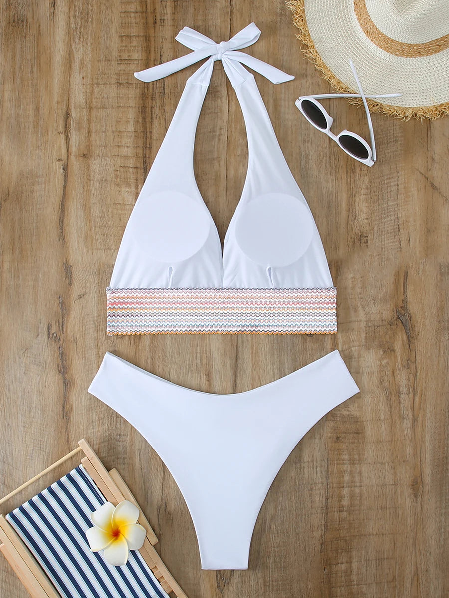 Halter Bikini 2025 Solid Bandage Swimsuit Women Padded High Cut Swimwear Female Bathers Bathing Swimming Swim Suit Beachwear