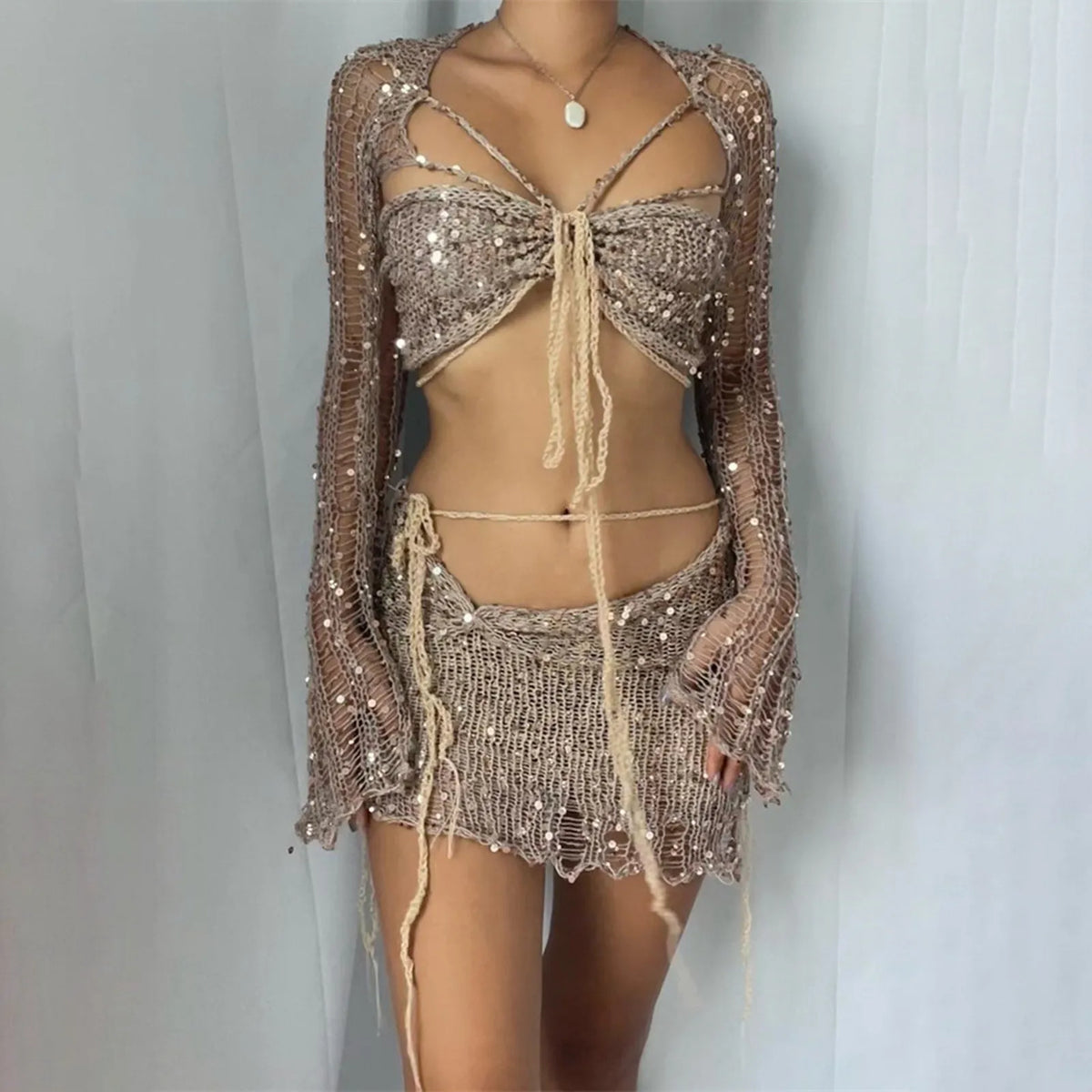 Glitter Sequins Knitted Skirt Sets Women Fashion Hollow Sequins Bandage Tube Top Mini Skirts 3 Piece Outfit Vacation Clothing