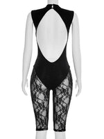 FDYOUI Women's Backless Sleeveless Bodysuits 2026 Summer Sexy Buttons Hollow Out Lace Jumpsuits Night Club Overalls Black Red