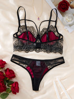 Limited edition retro Hong Kong style red and black velvet lingerie set - see-through lace trimmed bra+thong underwear ZA825166
