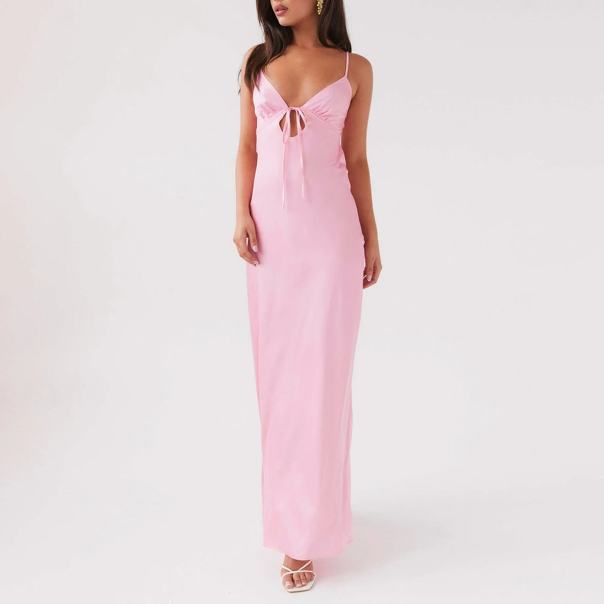 Women Cami Dress Solid Color Sleeveless Tie-Up Front Backless Dress Long Dress Summer Casual Dress