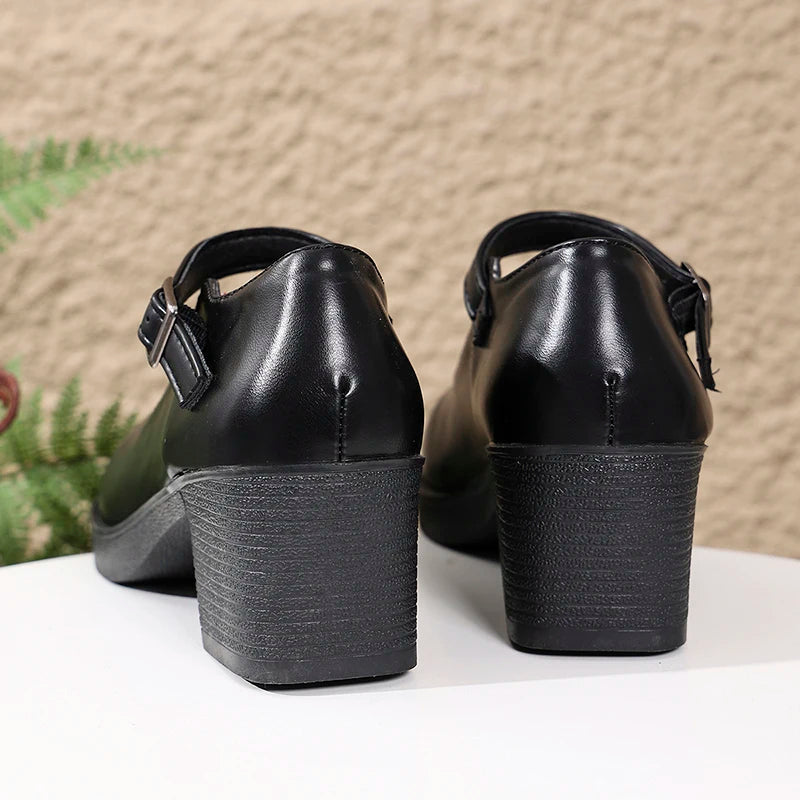 Plus Size 42 Black Thick Heels Pumps Women Classic Pu Leather Platform Mary Jane Shoes Woman Ankle Buckle Office High Heel Shoes