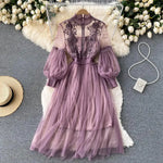 2 Pcs/Set Women Dress Suit Floral Embroidery See-through Lace Lantern Sleeves Pleated A-line Elastic Waist Dress Slip Dress Suit