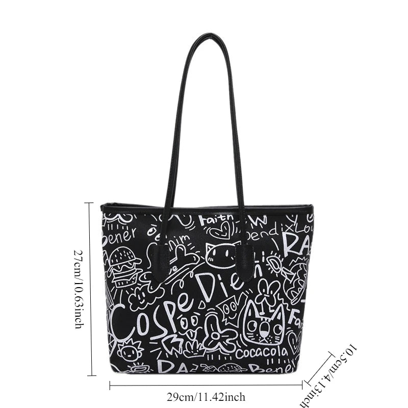 Large Capacity Printed Tote Bag, Fashion and Versatile Casual Single Shoulder Handbag with Pendant, College Style Women's Bags