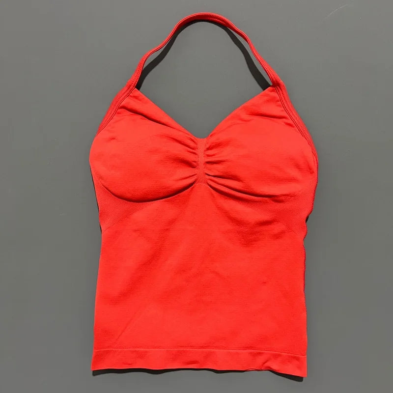 HISTELLO GYM Longline Strappy Top Women Seamless Yoga Clothing With Removable Pads V Neck Open Back Bra Workout Sports Halter