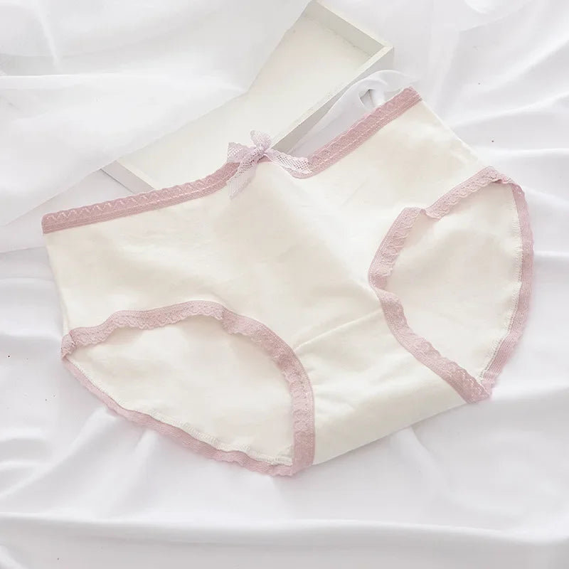 1 Pack Women's Cute Lace Trim Cotton Underwear Bow & Heart Print Briefs Sweet Style Lingerie M-XL Breathable Daily Panty