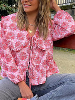 Floral Print Babydoll Tops for Women Casual Loose Doll Collar Open Front Tie-Up Ruffled Hem Long Sleeve Blouse for Fall