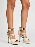 Women's Sexy Peep Toe Platform 12cm High Heel Sandals with Gold Metal Classic Ankle Strap Crisscross Stiletto Heel Party Shoes
