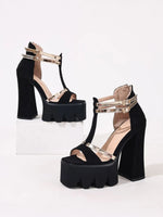 Women's Flock Suede Leather T-Strap Platform Sandals Chunky High Heels Elegant Sandals Sexy Party Shoes Rose red England 34-43
