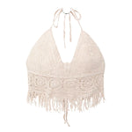 Boho Crochet Halter Top for Women Summer Beach Knit Crop Top with Tassels Backless Sleeveless Bralette