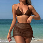Solid Brown Swimwears String Halter Triangle 3 Piece Bikini Set Sexy Swimsuit Women 2026 Mesh Skirts Bathing Suit Bikinis Dames