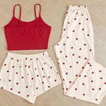 Three Piece Printed Vest Shorts and Bow Drawstring Pants Casual Women's Cute Heart-Shaped Print Paired with Home Pajamas Set