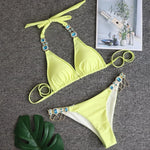 Luxury Rhinestone Bikini Women 2025 Sexy Orange Yellow Crystal Diamond Push Up Thong Swimsuit Beach Bathing Suit Tanga Swimwear