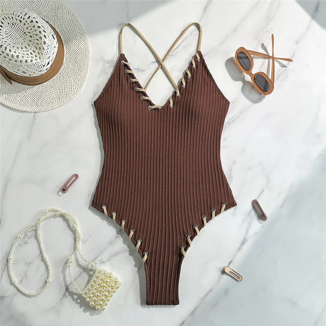 5 Colors V Neck Ribbed Cross Back One Piece Swimsuit Women Swimwear Female High Leg Cut MonokiniBather Bathing Suit Swim V6278