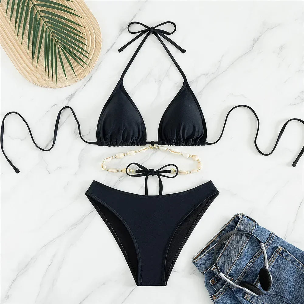 Sexy White Shell String Halter Triangle Bikini Set Women Swimwear Micro Thong Swimsuit Bathing Suit Mini Bikinis 2026 Mujer Swim